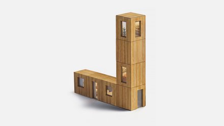 3D‑Rendering: L‑förmiges Holzmodul mit vertikaler Lamellenfassade; flacher Riegel mit seitlichem Turm, Türen und Fenstern.