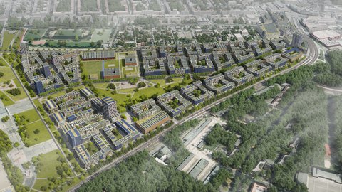 Luftaufnahme einer Computervisualisierung des geplanten Stadtquartiers mit dicht bebauten Häuserblocks mit Solardächern, Grünflächen und angrenzendem Waldgebiet.