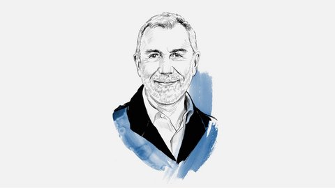 "Porträt-Illustration eines Mannes mittleren Alters mit grauem Haar und Vollbart. Die Zeichnung ist in Schwarz-Weiß mit blauen Aquarell-Akzenten im Hintergrund ausgeführt. Der Mann trägt ein dunkles Sakko über einem helleren Hemd und schaut direkt in die Kamera, sein Gesichtsausdruck wirkt freundlich und ruhig."