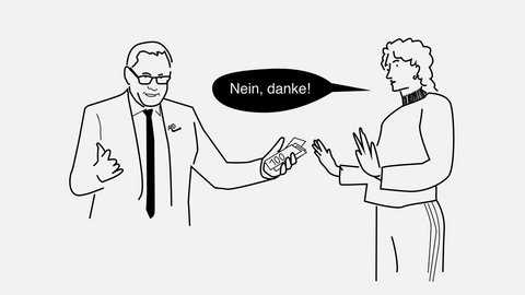 „Cartoon-Zeichnung eines Mannes im Anzug, der gestikulierend auf eine Frau einredet. Diese hebt abwehrend die Hände und erwidert in einer Sprechblase: ‚Nein, danke!‘“