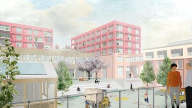 Visualisierung eines Stadtcampus mit mehreren Gebäuden, Innenhof, Treppenanlage und Menschen in unterschiedlichen Nutzungssituationen.