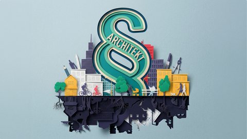 Illustration eines Paragrafenzeichens mit dem Wort „Architekt“ über einer Stadtlandschaft mit Gebäuden, Bäumen, Menschen und unterirdischen Leitungen als Symbol für Architektur und Planung.