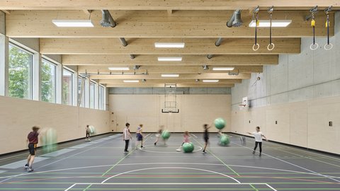 Kinder spielen mit großen grünen Bällen in einer hellen Turnhalle mit Holzbalkendecke und großen Fenstern