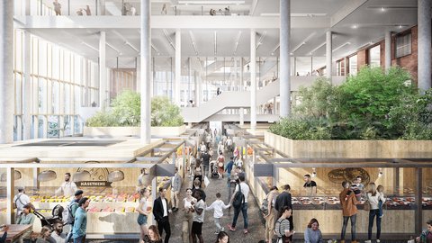 Belebte Markthalle: Menschen bewegen sich zwischen Marktständen und Sitzbereichen in einem großen, hellen Innenraum.