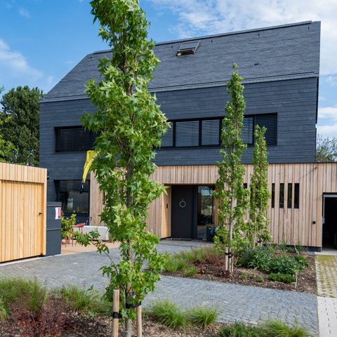„Ein modernes zweistöckiges Wohnhaus mit dunkelgrauer Fassade und hellen Holzelementen im Erdgeschoss, davor ein gepflasterter Vorgarten mit jungen, schmalen Bäumen.“