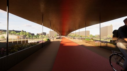 Ein langer, überdachter Steg auf der Brücke wird perspektivisch dargestellt, schlanke Stützen tragen das Dach, bepflanzte Bereiche und Sitzmöglichkeiten begleiten den Weg, wodurch das Bild die Brücke als wettergeschützten Aufenthalts- und Bewegungsraum interpretiert und für Komfort, Nutzungsvielfalt und neue Qualitäten im Alltagsverkehr steht.