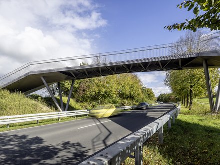 Moderne Fuß- und Radwegbrücke aus Stahl mit schlanken, geneigten Stützen überspannt eine zweispurige Straße; im Vordergrund fahren Autos mit Bewegungsunschärfe unter der Brücke hindurch, beidseitig gesäumt von grünen Bäumen und Leitplanken, blauer Himmel mit Wolken im Hintergrund.