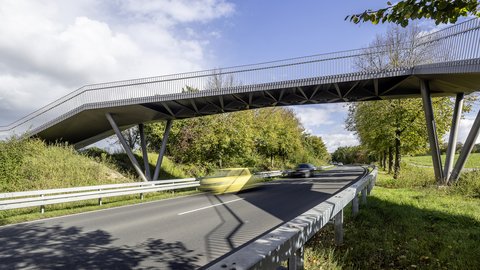 Moderne Fuß- und Radwegbrücke aus Stahl mit schlanken, geneigten Stützen überspannt eine zweispurige Straße; im Vordergrund fahren Autos mit Bewegungsunschärfe unter der Brücke hindurch, beidseitig gesäumt von grünen Bäumen und Leitplanken, blauer Himmel mit Wolken im Hintergrund.