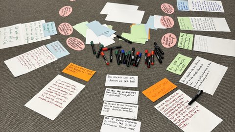 "Draufsicht auf einen grauen Teppichboden mit verteilten Arbeitmaterialien für einen Workshop oder Brainstorming-Prozess. In der Mitte steht ein Behälter mit schwarzen Stiften. Ringsum verteilt sind handgeschriebene und bedruckte Notizzettel in Weiß, Pastellgrün, Hellblau und Orange. Mehrere ovale rosa Klebepunkte mit Schrift markieren wichtige Punkte. Die Anordnung zeigt einen kreativen Organisationsprozess mit Ideen und Konzepten."  Bild 2: Team bei Wh