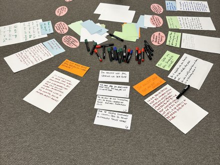 "Draufsicht auf einen grauen Teppichboden mit verteilten Arbeitmaterialien für einen Workshop oder Brainstorming-Prozess. In der Mitte steht ein Behälter mit schwarzen Stiften. Ringsum verteilt sind handgeschriebene und bedruckte Notizzettel in Weiß, Pastellgrün, Hellblau und Orange. Mehrere ovale rosa Klebepunkte mit Schrift markieren wichtige Punkte. Die Anordnung zeigt einen kreativen Organisationsprozess mit Ideen und Konzepten."  Bild 2: Team bei Wh