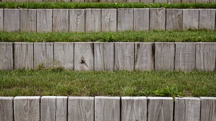 Frontalansicht terrassenförmiger Betonstufen mit begrünten Zwischenräumen.