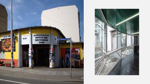 „Diptychon: Links die Außenansicht eines gelben Veranstaltungsortes mit Plakat für ein Elektronik-Festival, rechts ein moderner, verglaster Anbau mit geöffneten Fenstern.“