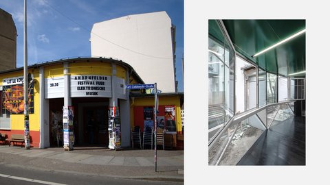 „Diptychon: Links die Außenansicht eines gelben Veranstaltungsortes mit Plakat für ein Elektronik-Festival, rechts ein moderner, verglaster Anbau mit geöffneten Fenstern.“