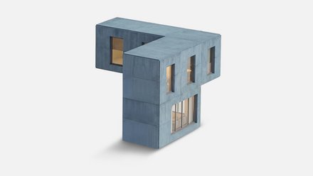 3D‑Rendering: T‑förmiges Obergeschoss‑Modul aus blauem Sichtbeton mit mehreren Fenstern; warme Innenbeleuchtung sichtbar.