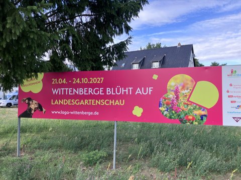 Großes Werbebanner für die Landesgartenschau Wittenberge 2027 mit der Aufschrift „Wittenberge blüht auf“ auf einer Grünfläche vor Bäumen und Wohnhäusern