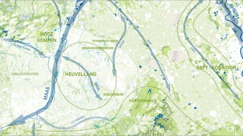 Eine geografische Karte stellt die natürlichen Landschaftsräume dar, farblich abgestuft nach Vegetation. Bezeichnungen wie "Hohe Kempen", "Heuvelland" und "Erft-Korridor" markieren die Gebiete. Flussläufe wie Maas und Rhen (Rhein) sind mit Pfeilen und blauen Linien eingezeichnet, um die hydrografischen Zusammenhänge zu verdeutlichen.