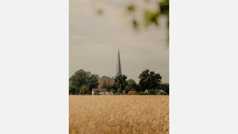 Landschaftsfoto auf Augenhöhe eines reifen, goldenen Weizenfeldes, das sich über den Vordergrund erstreckt. In der Ferne, hinter dem Feld, steht ein kleines Dorf mit Häusern mit roten Ziegeldächern, umgeben von dichten grünen Bäumen. Über dem Dorf ragt eine hohe, schlanke, graue Kirchturmspitze in einen bewölkten grauen Himmel empor. Der obere Rand des Bildes ist leicht unscharf durch grüne Blätter im Vordergrund.