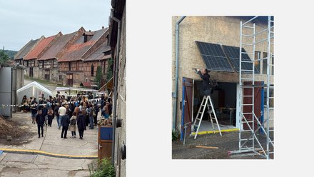 Links: Ein belebter Innenhof vor einer Reihe historischer Fachwerkhäuser. Viele Menschen stehen in Gruppen zusammen; im Hintergrund ist ein weißes Festzelt aufgebaut. Rechts: Ein Mann steht auf einer hohen Leiter und montiert zwei große Solarpanels an der verputzten Außenwand eines alten Gebäudes. Neben ihm steht ein Metallgerüst.