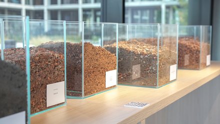 Reihe transparenter Glasboxen mit beschrifteten Proben aus Erde/Recycling-Schotter auf einer Holzablage vor dem Fenster.