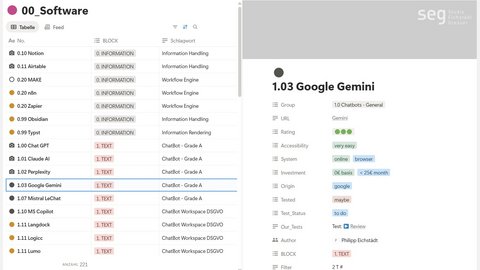 Screenshot einer Notion-Datenbank „00_Software“; Detailansicht zu „Google Gemini“ mit Tags.