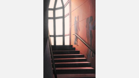 Illustration eines Treppenhauses mit hohem Fenster; Licht fällt auf rötliche Wand mit Silhouetten; Handlauf rechts.