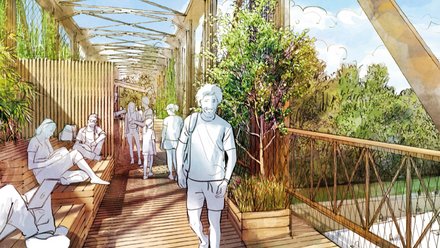 Eine zeichnerische Darstellung eines überdachten Holzstegs mit Pflanzen, Sitzflächen und gehenden Personen zeigt einen grünen Übergang zwischen Stadträumen, der Erholung, Begegnung und nachhaltige Mobilität miteinander kombiniert.