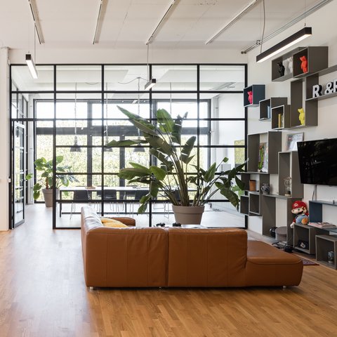 Offener Wohnraum mit braunem Ledersofa, großen Pflanzen und moderner Regalkonstruktion mit Fernseher