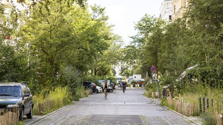 Begrünte Wohnstraße mit Kopfsteinpflaster, parkenden Autos und Fahrrädern; Bäume, Sträucher und Blumen säumen die Straße, mehrere Menschen fahren mit dem Fahrrad durch den ruhigen Kiez.