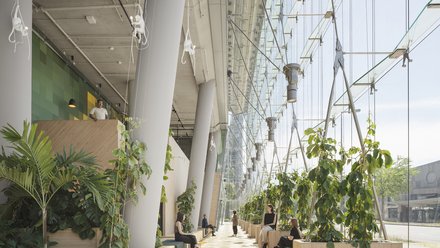 Mehrgeschossiger Innenraum mit Pflanzeninseln, Sitzflächen und Menschen im Austausch.
