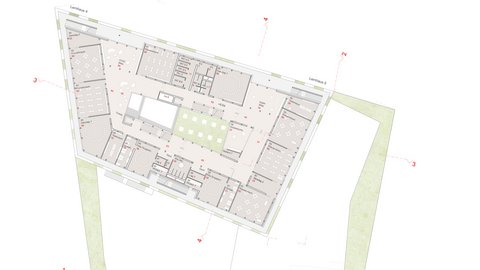Farbige Grundrisszeichnung des zweiten Obergeschosses einer Kita-Schule mit verschiedenen Räumen und Fluren in unregelmäßiger, trapezförmiger Form