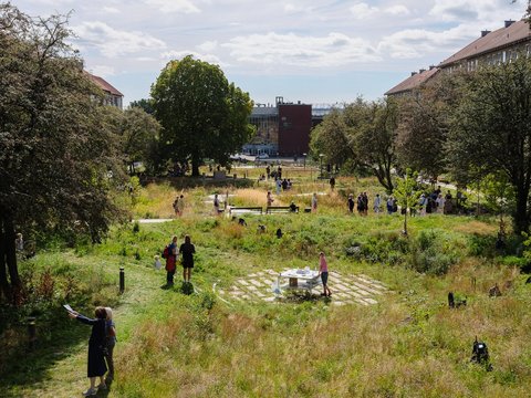 "Sommerliche Parklandschaft mit blühenden Wiesen, alten Bäumen und zahlreichen Besuchern. Menschen sitzen auf Holzbänken, spazieren und genießen die Grünfläche. Das Zentrum zeigt eine künstlich abgesenkte Fläche, die im Sommer als Grünzone genutzt wird und bei Starkregen Wasser aufnimmt."
