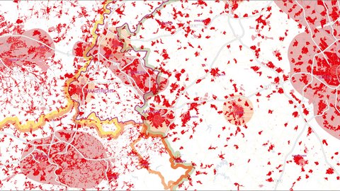 Eine thematische Karte zeigt die grenzübergreifende Region um Maastricht, Aachen und Lüttich. Rote Flächen markieren bebaute Gebiete, graue Linien das Autobahnnetz. Verschiedenfarbige, gestreifte Kreise und Linien heben funktionale Verflechtungen und Einzugsgebiete hervor. Städtenamen und Autobahnnummern sind zur Orientierung beschriftet.