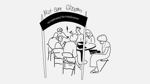 „Eine minimalistische Schwarz-Weiß-Zeichnung einer Personengruppe, die an einem runden Tisch sitzt, unter einem Banner mit der Aufschrift ‚Not Sure Citizens – Der Krisenrat für Unentschlossene‘.“