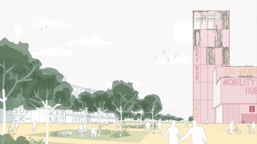 Architektonische Visualisierung eines Quartiers mit Hochhaus und öffentlichem Raum.