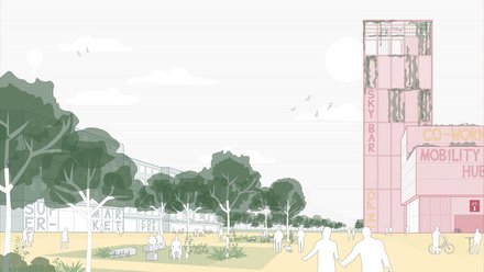 Architektonische Visualisierung eines Quartiers mit Hochhaus und öffentlichem Raum.