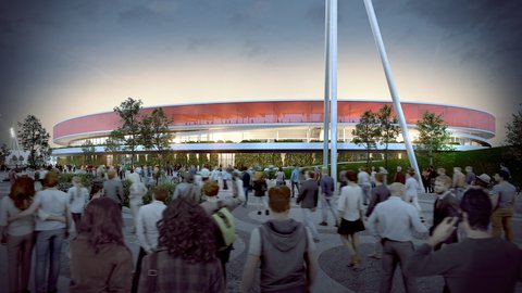 Architekturentwurf: Außenansicht eines runden, modernen Stadions mit markantem roten Obergeschoss und einem stark belebten Vorplatz in der Dämmerung.