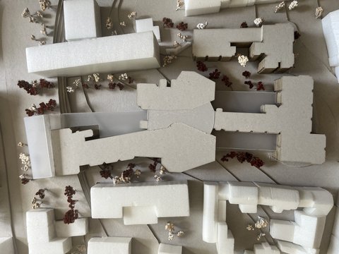 „Draufsicht auf ein städtebauliches Architekturmodell mit weißen Baukörpern und Miniaturbäumen entlang der Straßen und Plätze.“
