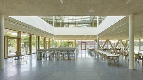 Großer heller Raum mit langen Tischen und Stühlen sowie hohen Fenstern und Oberlicht