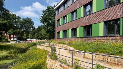 Modernes Gebäude mit begrüntem Außenbereich, barrierefreiem Weg und naturnaher Bepflanzung.