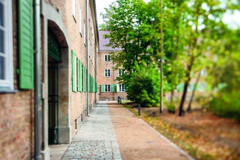 Backsteingebäude mit grünen Fensterläden entlang eines schmalen Weges, flankiert von Bäumen und Grünflächen.