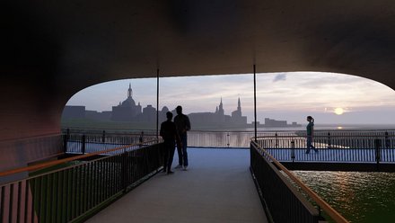 Eine Perspektive auf der Brücke zeigt getrennte Verkehrsflächen für Straßenbahn, Radverkehr und Fußgänger, flankiert von Begrünung und Geländern, wodurch das Bild eine klare Organisation des Verkehrsraums darstellt und für sichere, nachhaltige und gleichberechtigte Mobilität steht.