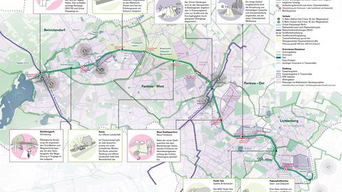 Karte des geplanten Grünen Gleisbogens in Berlin mit Verbindungen für Rad- und Fußverkehr, Grünräumen und wichtigen Anlaufpunkten von Tegeler Hafen im Nordwesten bis zum Pappenpfuhlbecken im Südosten.