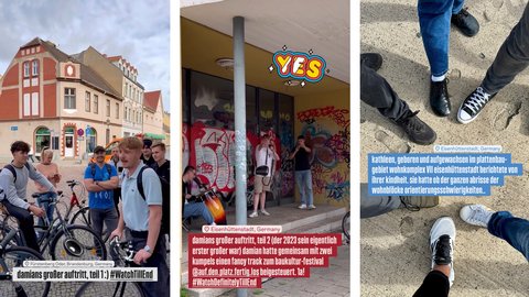 Bild 6.1 (Altstadtszene mit Gruppe): "Eine historische Altstadt mit bunten Fachwerkhäusern. Eine Gruppe junger Menschen mit Fahrrädern, ein Junge in Vordergrund mit Rucksack. Text verweist auf großen Auftritt und WatchThillEnd Event."  Bild 6.2 (Laden und Graffiti): "Ein Geschäft mit gelbem 'YBS'-Schriftzug oben. Die Fassade unter dem Laden ist mit rotem Graffiti besprüht. Mehrere Personen sichtbar. Text erwähnt großen Auftritt Teil 2 und Bauplatz."  Bild 6.3 (Füße und Schuhe): "Nahaufnahme von verschiedenen Schuhen und Beinen mehrerer Personen auf grauem Pflaster. Unterschiedliche Schuhstile sichtbar. Text verweist auf Plattenbauten und Orientierungsschwierigkeiten."