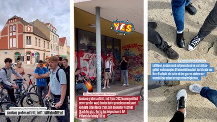 Bild 6.1 (Altstadtszene mit Gruppe): "Eine historische Altstadt mit bunten Fachwerkhäusern. Eine Gruppe junger Menschen mit Fahrrädern, ein Junge in Vordergrund mit Rucksack. Text verweist auf großen Auftritt und WatchThillEnd Event."  Bild 6.2 (Laden und Graffiti): "Ein Geschäft mit gelbem 'YBS'-Schriftzug oben. Die Fassade unter dem Laden ist mit rotem Graffiti besprüht. Mehrere Personen sichtbar. Text erwähnt großen Auftritt Teil 2 und Bauplatz."  Bild 6.3 (Füße und Schuhe): "Nahaufnahme von verschiedenen Schuhen und Beinen mehrerer Personen auf grauem Pflaster. Unterschiedliche Schuhstile sichtbar. Text verweist auf Plattenbauten und Orientierungsschwierigkeiten."
