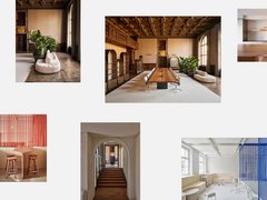 Collage mit verschiedenen Ansichten moderner Büro- und Aufenthaltsräume, darunter historische Innenräume, minimalistische Küchen sowie helle Arbeitsbereiche mit farbigen Vorhängen und maßgefertigten Möbeln.