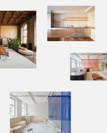 Collage mit verschiedenen Ansichten moderner Büro- und Aufenthaltsräume, darunter historische Innenräume, minimalistische Küchen sowie helle Arbeitsbereiche mit farbigen Vorhängen und maßgefertigten Möbeln.