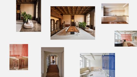 Collage mit verschiedenen Ansichten moderner Büro- und Aufenthaltsräume, darunter historische Innenräume, minimalistische Küchen sowie helle Arbeitsbereiche mit farbigen Vorhängen und maßgefertigten Möbeln.