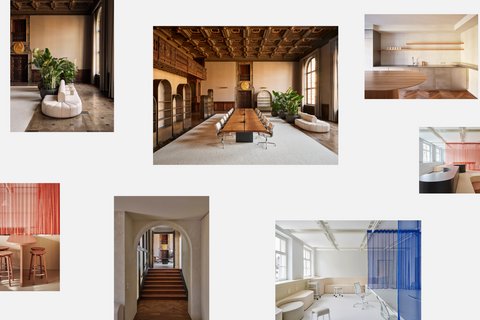Collage mit verschiedenen Ansichten moderner Büro- und Aufenthaltsräume, darunter historische Innenräume, minimalistische Küchen sowie helle Arbeitsbereiche mit farbigen Vorhängen und maßgefertigten Möbeln.