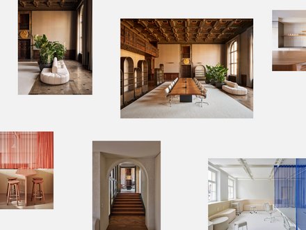 Collage mit verschiedenen Ansichten moderner Büro- und Aufenthaltsräume, darunter historische Innenräume, minimalistische Küchen sowie helle Arbeitsbereiche mit farbigen Vorhängen und maßgefertigten Möbeln.