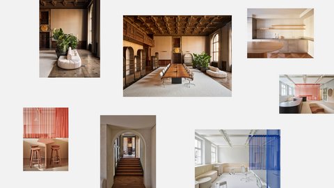 Collage mit verschiedenen Ansichten moderner Büro- und Aufenthaltsräume, darunter historische Innenräume, minimalistische Küchen sowie helle Arbeitsbereiche mit farbigen Vorhängen und maßgefertigten Möbeln.